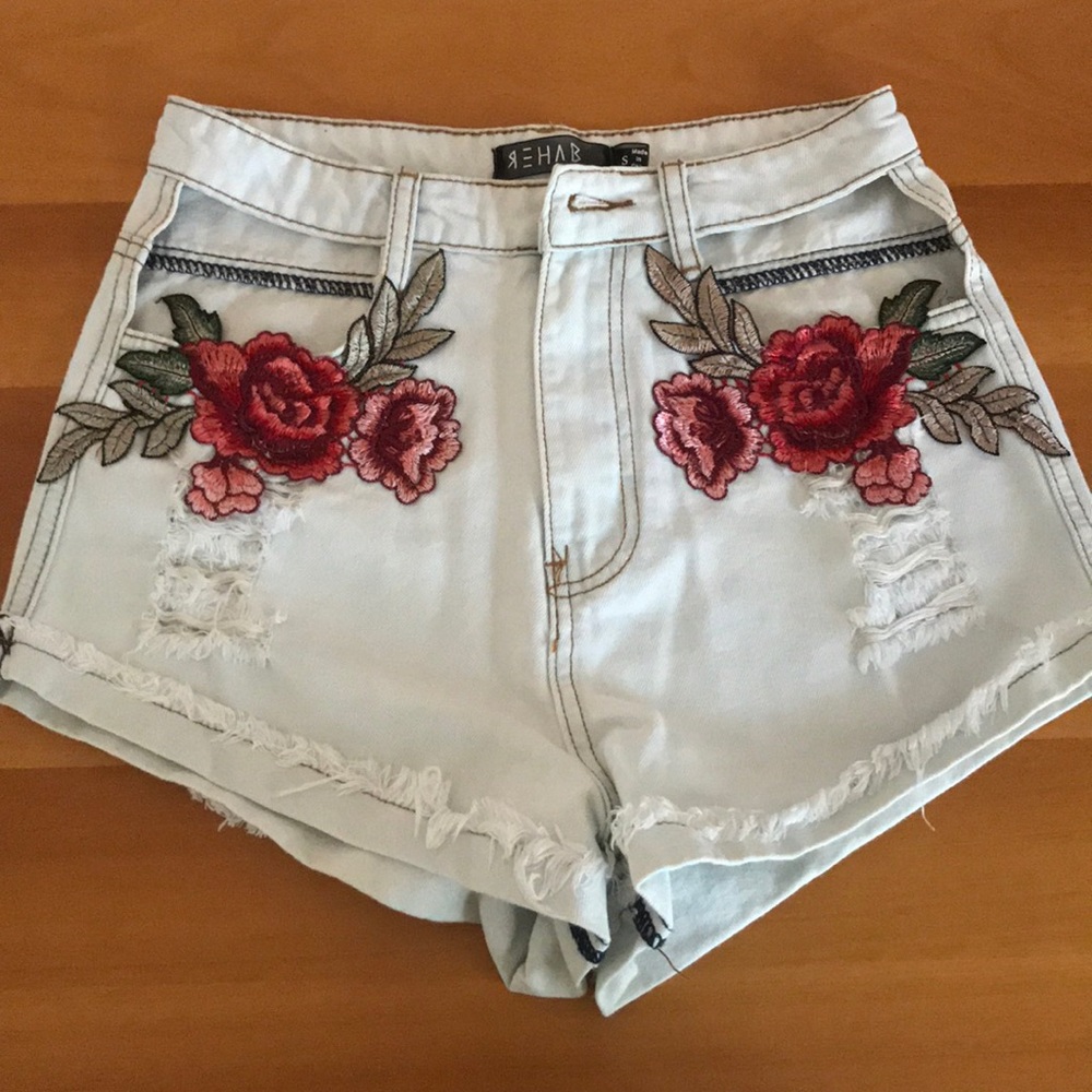 Rose embroidered jean shorts